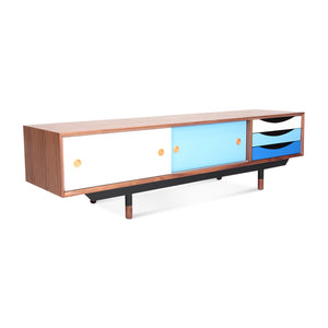 English Elm Finn Finn Juhl 1955 TV Cabinet Blue Walnut – Solid Wood MDF, Black Stainless Legs, Lacquered Drawers, 63” L x 20” W x 9” H B353S00002