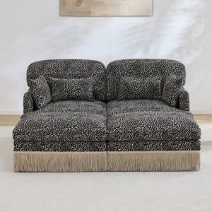 English Elm Comfy Chenille Leopard Print Loveseat with Tassel Trim and Movable Ottoman Modules Khaki W5656S00021