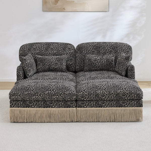 English Elm Comfy Chenille Leopard Print Loveseat with Tassel Trim and Movable Ottoman Modules Khaki W5656S00021
