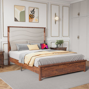 English Elm King Upholstered Bed Frame with LED Lights & Charging Station, Rivet Detail, Wood Slat Platform Brown Grey W636P176802