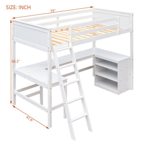 English Elm Twin Loft Bed with Built-in Desk and Open Shelves Solid Pine Kids Study Sleep White LT001537AAK-1
