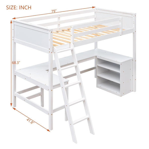 English Elm Twin Loft Bed with Built-in Desk and Open Shelves Solid Pine Kids Study Sleep White LT001537AAK-1