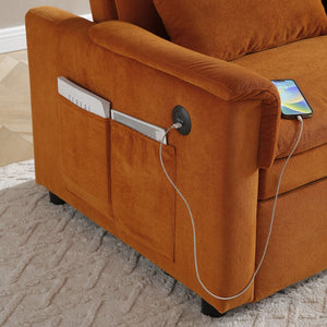 English Elm 55" Velvet Two Seater Pull Out Sofa Bed with USB Ports, Side Pockets, Adjustable Backrest, Compact Lounger Orange W2677P288325