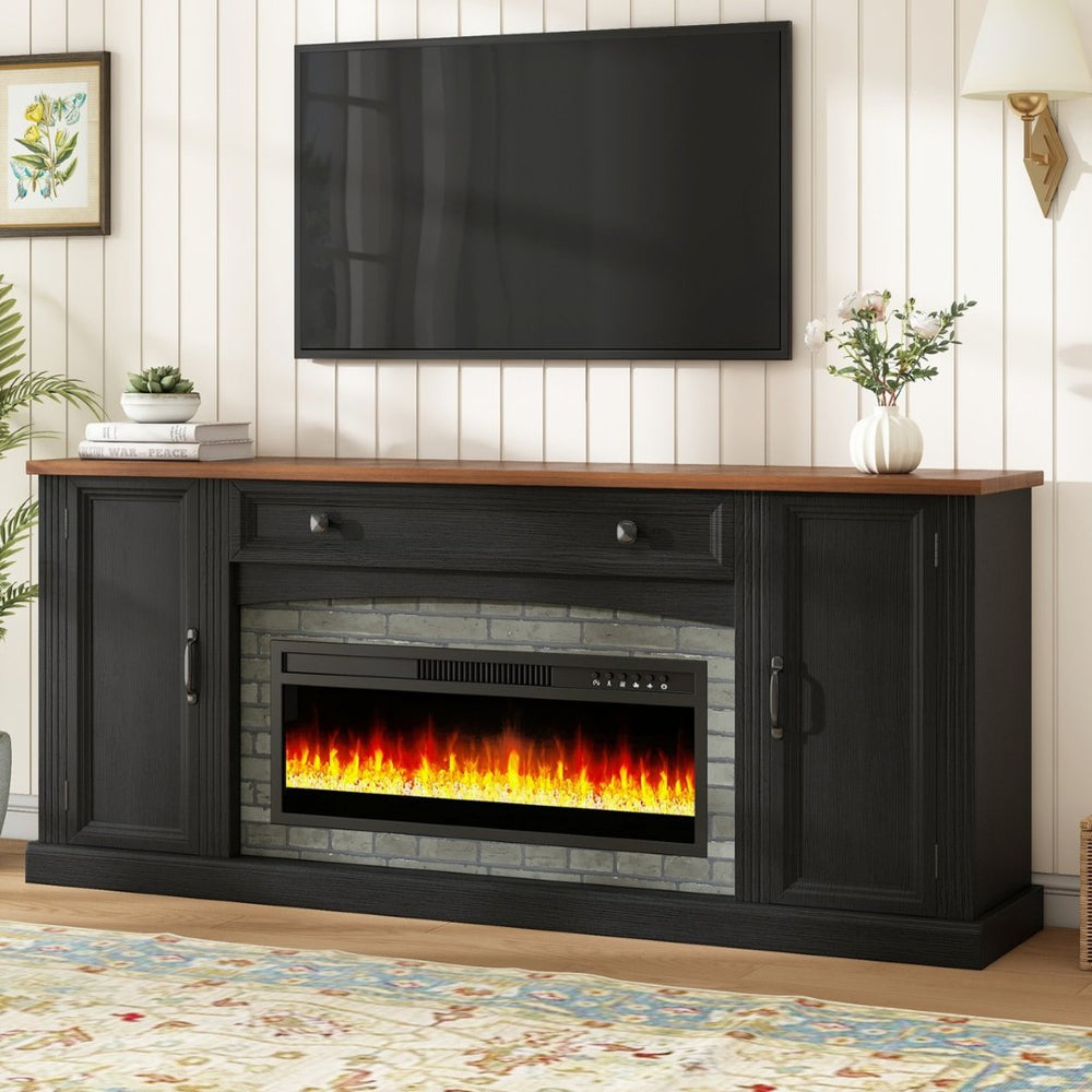 English Elm On-trend Farmhouse Electric Fireplace Console Walnut Veneer Media Cabinet for Living Room Black N721S000069B