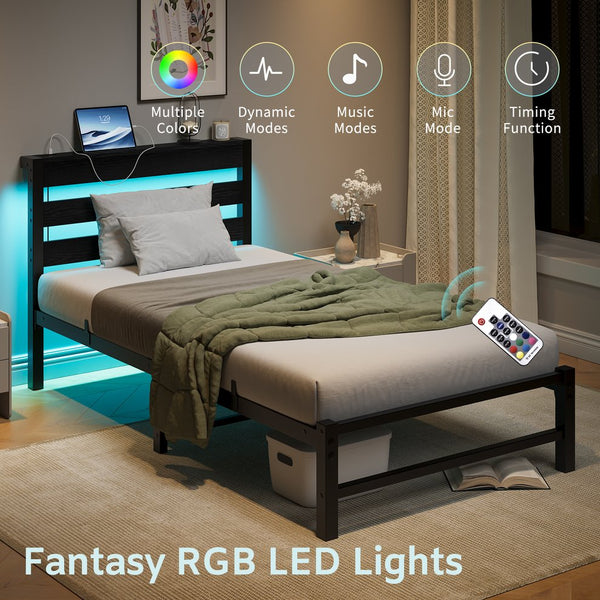 English Elm Twin LED Platform Bed Frame with Headboard, USB Charging, RGB Lights, Under-Bed Storage, Noise-Free Black W840P209905