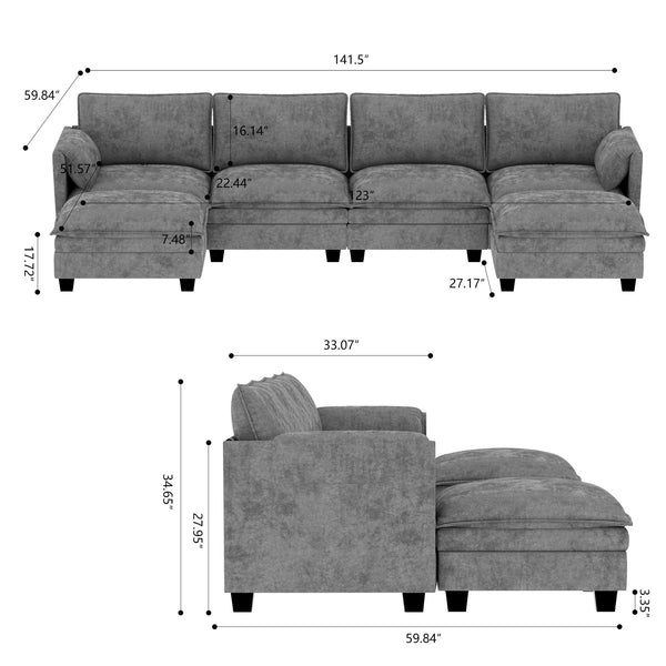 English Elm 141.5'' Modern U-Shaped 6-Seater Sofa Couch With Movable Ottoman & Armrest Pockets For Versatile Living W680S00043