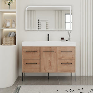 English Elm 48" Floating Bathroom Vanity Dual Ceramic Vessel Sinks Oak Finish Soft Close Doors W999S00527