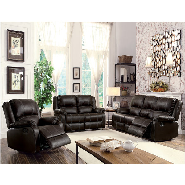 English Elm Zuriel Reclining 3-Piece Faux Leather Living Room Set with Plush Cushions, Modern Motion Comfort Brown 77 L x 31 W x 26 H B2726S00192