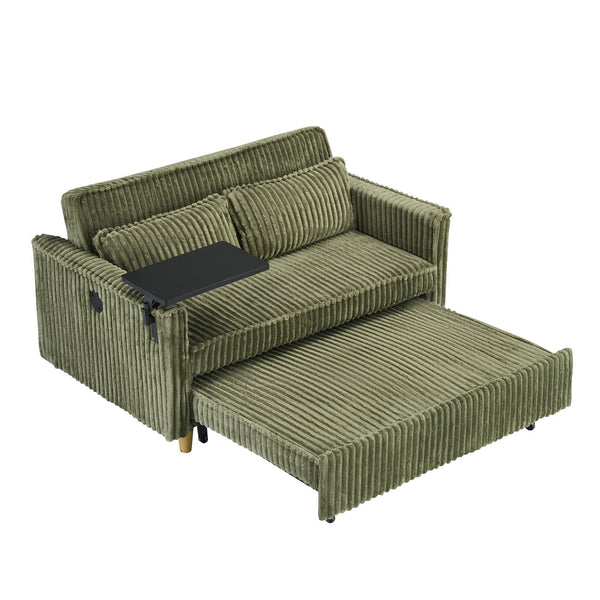 English Elm The pull-out corduroy sofa bed with convertible tabletop and USB charging ports for living room comfort Green W1278P248128