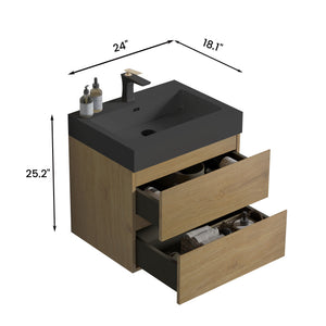 English Elm U090-Alice24W-106 Natural Oak 24" Wall-Mounted Bathroom Vanity with Black One-Piece Basin, Soft-Close Drawers, Eco-Friendly Construction W1865S00043