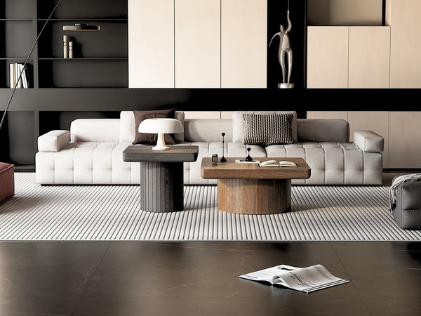 English Elm Modern Parquet Wood Nesting Coffee Tables Sculptural Fluted Pedestal Living Room Set Black + Dark Walnut W1435S00032