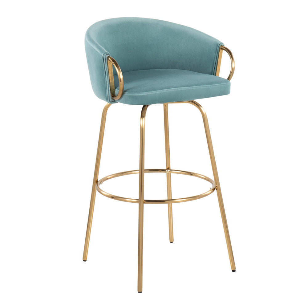 English Elm Claire 30" Contemporary Glam Bar Stool Set of 2 — Light Blue Velvet Swivel Seats, Gold Frame & Footrest B202S00505