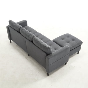 English Elm Small L-Shaped Sofa with Storage Ottoman and Side Pockets, Velvet 3-Seat Space-Saving Couch Dark Gray W2705P255386