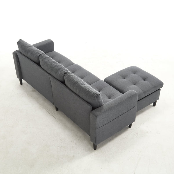 English Elm Small L-Shaped Sofa with Storage Ottoman and Side Pockets, Velvet 3-Seat Space-Saving Couch Dark Gray W2705P255386