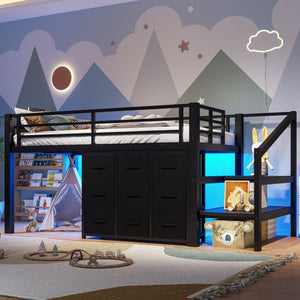 English Elm Twin Metal Low Loft Bed with Storage Stairs Fabric Drawers and Built-in Lights Black W5305S00045