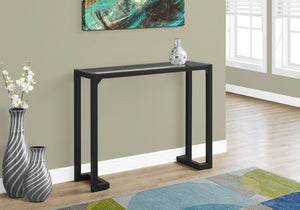 English Elm Accent Narrow Console Table with Clear Tempered Glass Top & Black Satin Metal Base for Entryway Modern Decor B2710P218946