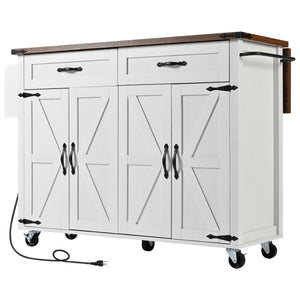 English Elm K&K Farmhouse Kitchen Island Cart 53.5" with Drop Leaf, Built-In Power Station, Ample Storage & Wheels White N707P170348W