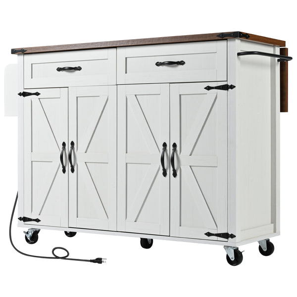 English Elm K&K Farmhouse Kitchen Island Cart 53.5" with Drop Leaf, Built-In Power Station, Ample Storage & Wheels White N707P170348W