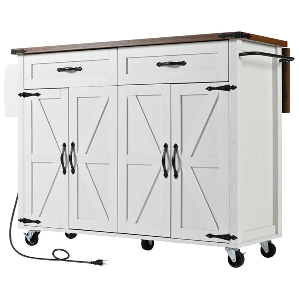 English Elm K&k Farmhouse Rolling Kitchen Island with Drop Leaf Power Outlets and Storage Cabinet White N707S170348W