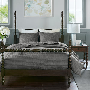 JLA Home Madison Park Signature - 3 Hand-Quilted Cotton Quilt Set - Oversized, Breathable Voile, Lightweight Year-Round Comfort & Texture Grey MPS13-272