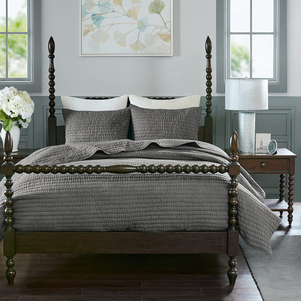 JLA Home Madison Park Signature - 3 Hand-Quilted Cotton Quilt Set - Oversized, Breathable Voile, Lightweight Year-Round Comfort & Texture Grey MPS13-272