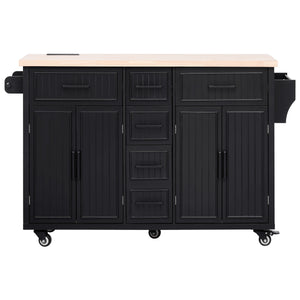 English Elm K&K 56.5" Kitchen Island with Drop Leaf, Embossed Vertical Stripe Barn Doors, Wheels & Charging Hub Black N707P263094B
