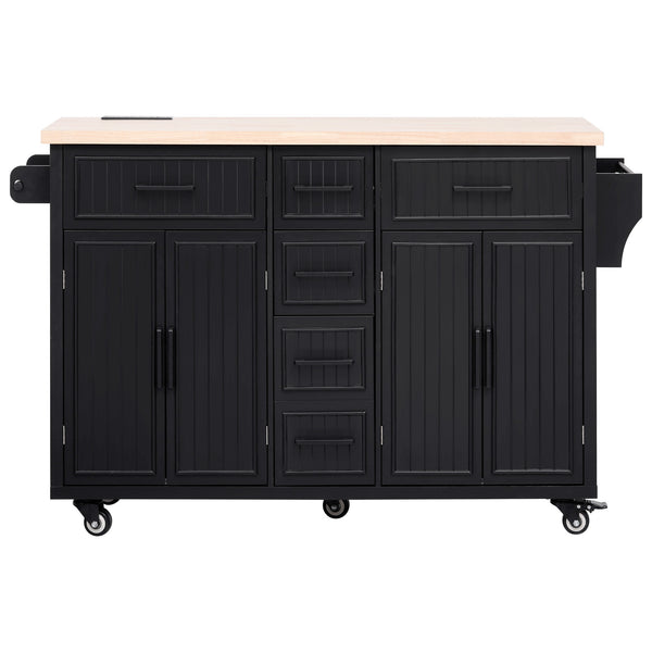 English Elm K&K 56.5" Kitchen Island with Drop Leaf, Embossed Vertical Stripe Barn Doors, Wheels & Charging Hub Black N707P263094B
