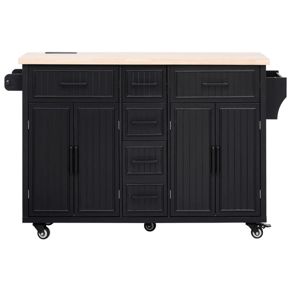English Elm K&k Farmhouse Rolling Kitchen Island Drop Leaf Power Outlet Five Drawers Cabinet Storage Black N707S263094B