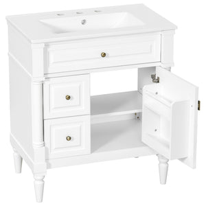 English Elm 30" Freestanding Bathroom Vanity Rubberwood Frame Ceramic Sink Flip Drawer Storage White N725P356062K