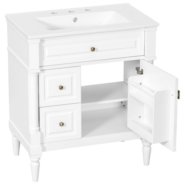 English Elm 30" Freestanding Bathroom Vanity Rubberwood Frame Ceramic Sink Flip Drawer Storage White N725P356062K