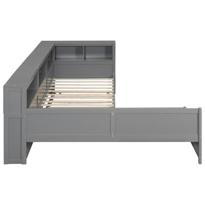 English Elm Wood Twin L-shaped Platform Bed Trundle Shelves Charging Station Kids Room Grey N7090001045E-1