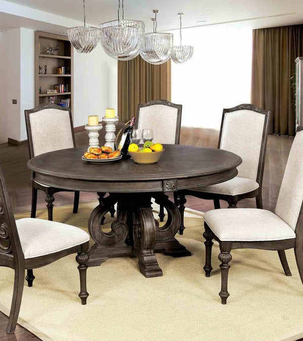 English Elm Dining Table 60 Inch Round Solid Wood Pedestal with Hand Carved Skirt and Inlay Natural+Rustic B2741P474000