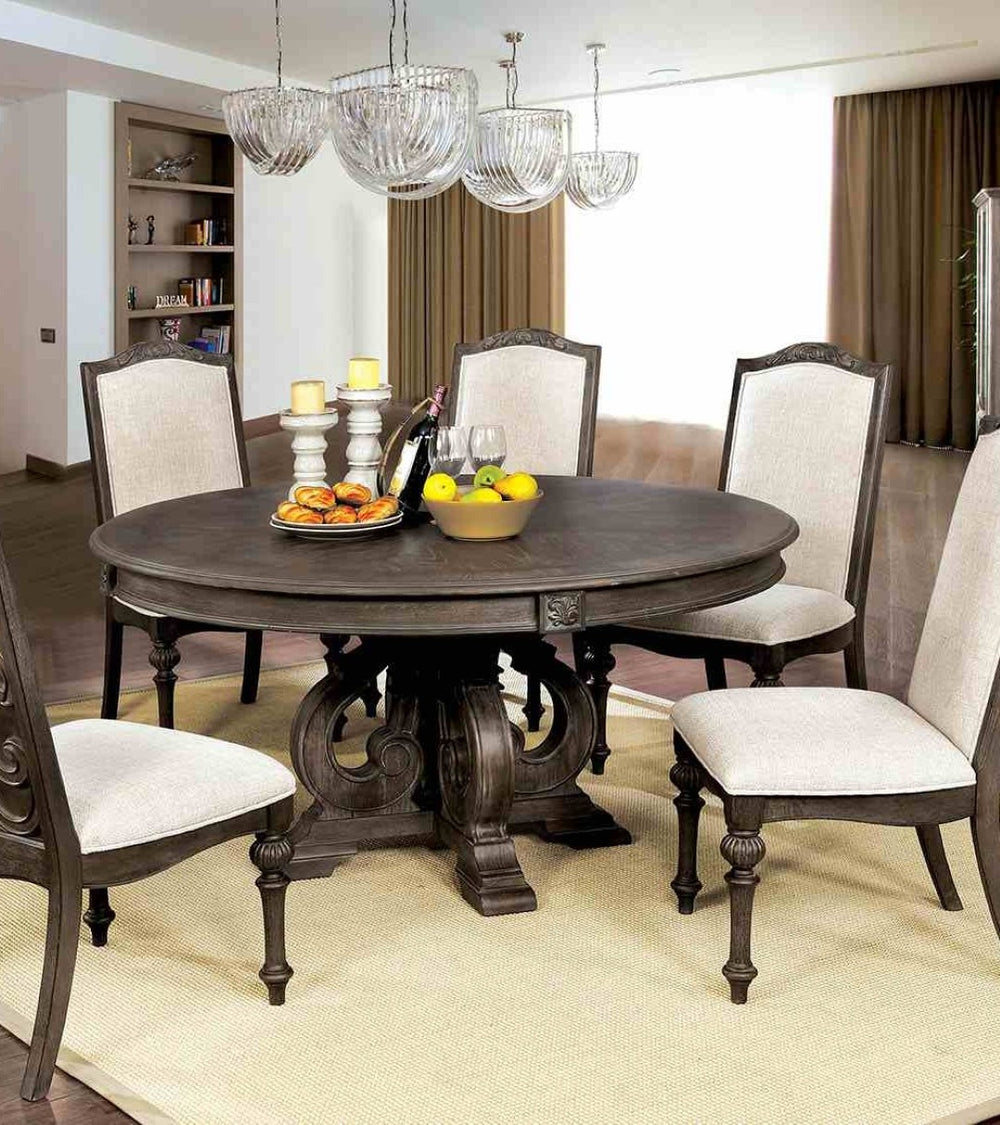 English Elm Elegant Round Pedestal Dining Set Carved Wood Table with Four Upholstered Side Chairs Ivory,Natural,Natural+Rustic B2741S00886
