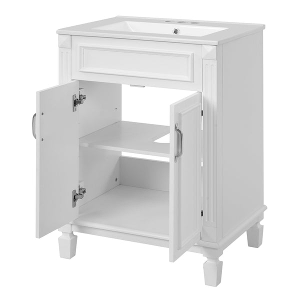 English Elm 24'' Bathroom Vanity with Sink - Solid Wood Frame, Glossy Ceramic Basin, Soft-Close Doors & Ample Storage Elegant Modern Design, Durable MDF Construction, Retro Metal Handles, Compact 24-inch Cabinet White N710P317675K