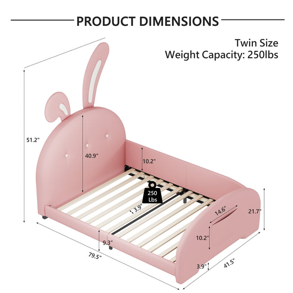 English Elm Twin Rabbit-Shape Upholstered Princess Bed with Headboard & Footboard, Sturdy Slat Platform, Durable MDF Frame Pink 42.91 L x 34.65 W x 6.5 H N733P198764H