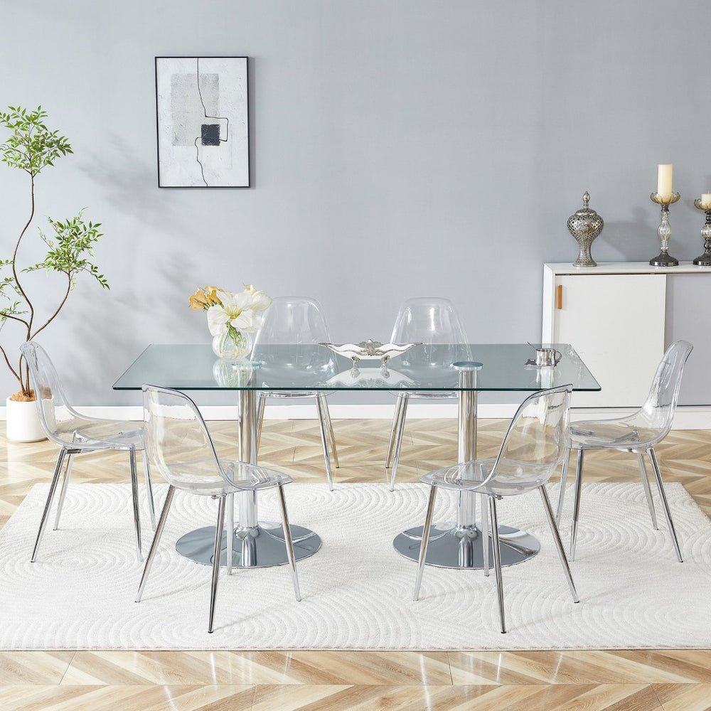 English Elm Table and Chair Set Tempered Glass Top with Six Transparent Seats for Modern Dining W1151S04556