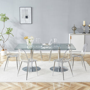 English Elm Table and Chair Set Tempered Glass Top with Six Transparent Seats for Modern Dining W1151S04556