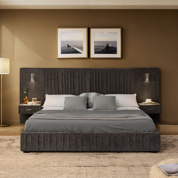 English Elm Queen Modern Upholstered Platform Bed with Pleated Chenille Headboard, Built-In Nightstand & Lamp DARK GREY W487S00401
