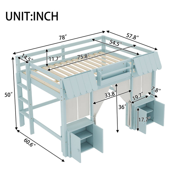 English Elm Full Loft Bed With Playful Cottage Design, Built-In Bookshelf, Curtain & Safety Guardrails For Kids W1580S00360