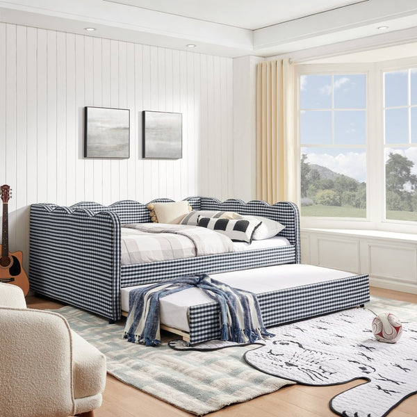 English Elm Full Size Gingham Linen Daybed with Wave Backrest Trundle and Usb Charging Port Navy W1413S00140