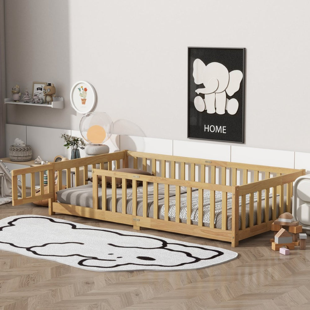 English Elm Twin Rubberwood Montessori Floor Bed with Safety Guardrails for Toddler Bedrooms W504P370521