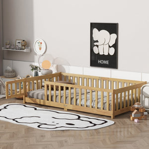 English Elm Twin Rubberwood Montessori Floor Bed with Safety Guardrails for Toddler Bedrooms W504P370521