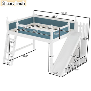 English Elm Queen Solid Pine Loft Bed with Wardrobe Shelves Detachable Slide and Dual Sleeping Zones Blue,Off White W5305S00029