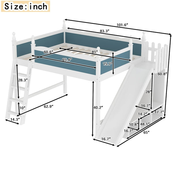 English Elm Queen Solid Pine Loft Bed with Wardrobe Shelves Detachable Slide and Dual Sleeping Zones Blue,Off White W5305S00029