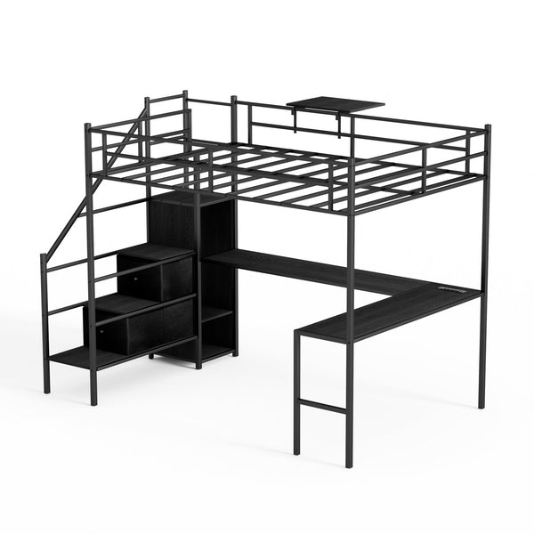 English Elm Full Metal Loft Bed with L-Shaped Desk, RGB LED Lights, Charging Cradle, Wardrobe & Drawers Black W1162S00014