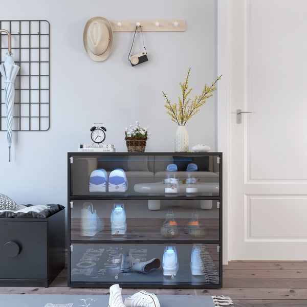 English Elm Black Glass Door Shoe Box Cabinet with RGB LED Lights, Stackable Display Case, Dust-Proof Showcase (34.8x18.3x8.3) W331P235039