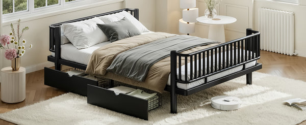 English Elm Queen Storage Platform Bed Low Profile Metal Frame with Built-in Drawers for Small Spaces Black W5305P471352