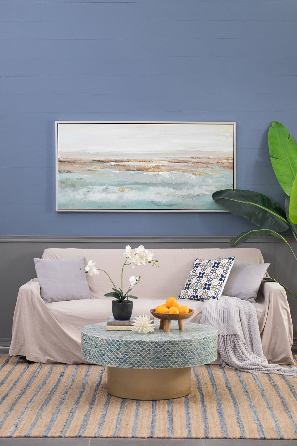 English Elm 59.1x29.5x1.5" Framed Abstract Ocean Painting in Champagne Gold Frame — Misty Blue & Metallic Accent Art (59.1x29.5x1.5) W2078P318300