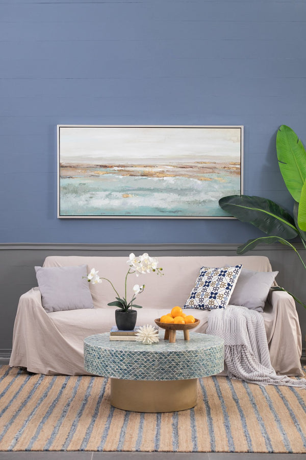 English Elm 59.1x29.5x1.5" Framed Abstract Ocean Painting in Champagne Gold Frame — Misty Blue & Metallic Accent Art (59.1x29.5x1.5) W2078P318300