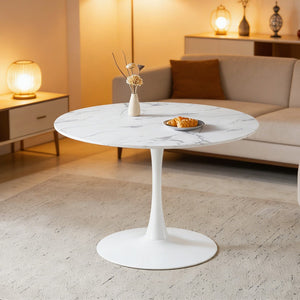 English Elm 42.1" Round Marble Look Pedestal Dining Table Mid Century Modern Seats Six White W234P453955